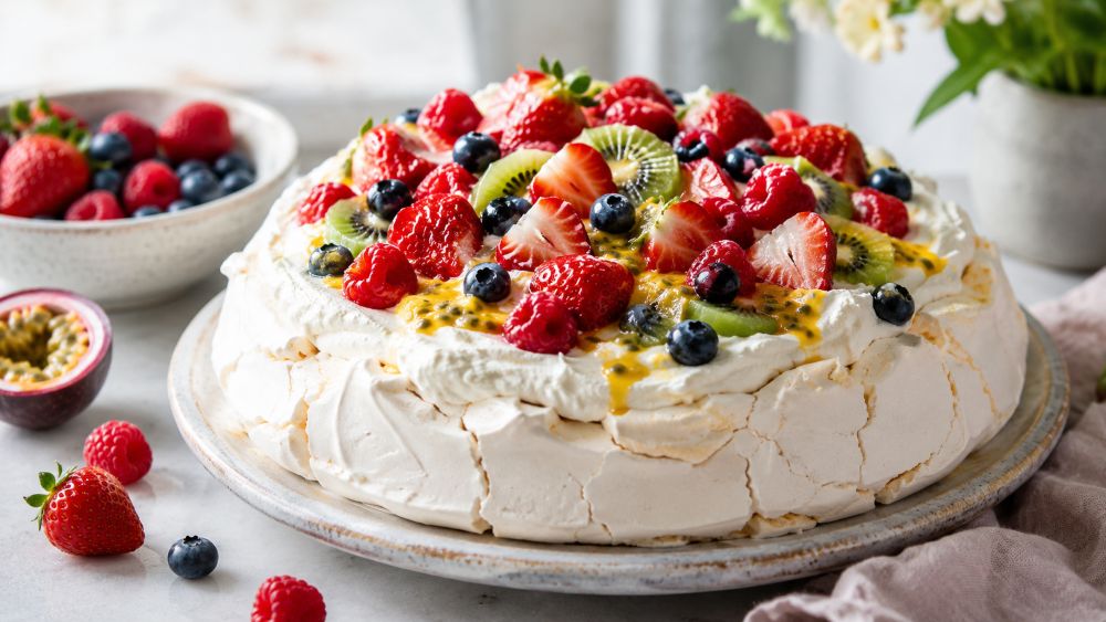 Abbildung einer Pavlova Torte mit der typischen Beeren-Dekoration