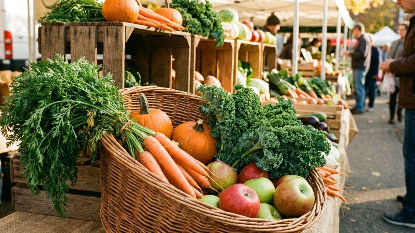 Korb mit frischem saisonalem Gemüse auf einem Marktstand